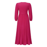 V Neck Long Sleeve Pleated Belted Midi Dress
