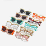 HANDMADE RHINESTONE PEARL RETRO CAT EYE SUNGLASSES_CWASG0268