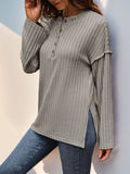 Solid-Color Button Round-Neck Striped T-Shirt