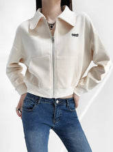 Solid Color Lapel Zipper Short-Sleeved Cardigan