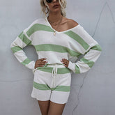 Striped Color Contrast Thin Knit Suit