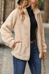 Women Solid Quilting Lapel Fleece Plush Jacket_Cwoja0637