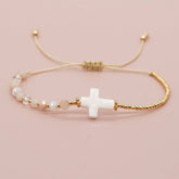 BOHEMIAN SHELL CROSS CRYSTAL COPPER BEAD BRACELET_CWAB4632