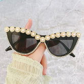 HANDMADE RHINESTONE PEARL RETRO CAT EYE SUNGLASSES_CWASG0268