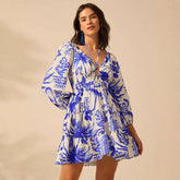 V-Neck Cinched Waist Lantern Sleeve Lace-Up Dress