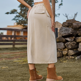 Washed Denim Cargo Skirt With Slit For Women_Cwjsk0197