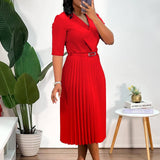 SOLID COLOR V NECK FASHIONABLE PLEATED DRESS_CWDMD3717