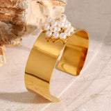 Titanium Steel 18K Gold Pearl Open Cuff Bracelet