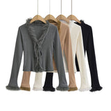 Woolly Patchwork Strap Slim-Fit V-Neck Cardigan