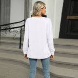 Solid Color U-Neck Pleated Long Sleeve T-Shirt