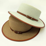 BRITISH STYLE FLAT TOP FASHIONABLE BELT STRAW HAT_CWAH1156