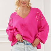 V-Neck Three-Dimensional Pearl Pullover Sweater