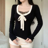 U Neck Leopard Print Bow Patchwork Fake Two Tops