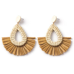 Hand-Woven Geometric Rattan Raffia Earrings