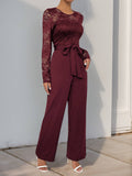 Solid Color Jumpsuit Lace Patchwork Zipper