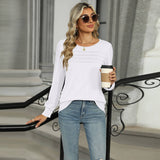 Solid Color U-Neck Pleated Long Sleeve T-Shirt