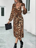 V-Neck Long Sleeve Leopard Print Long Dress