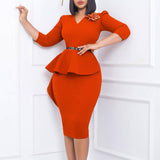 RUFFLED RETRO V NECK HIP HUGGING PENCIL DRESS_CWDSD6140
