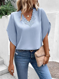 Solid Lace V-Neck Flared Sleeves Loose Blouse