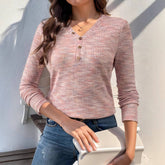 Womens Long Sleeve V-Neck Solid Color T-Shirt