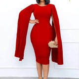 PLEATED ROUND NECK ELEGANT HIP HUGGING TIGHT DRESS_CWDMD3701
