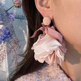 LONG STATEMENT FABRIC BOW FLOWER EARRINGS_CWMM6163