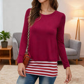 Two Fake Round-Neck Striped Patchwork T-Shirts