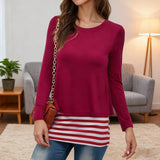 Two Fake Round-Neck Striped Patchwork T-Shirts