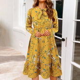 Waist-Cinched Floral Ruffle Bell Sleeve Dress