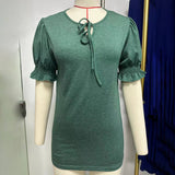 V-Neck Drawstring Pleated Loose Fitting T-Shirt