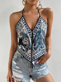 Vacation-Style Printed Knotted Halter Top
