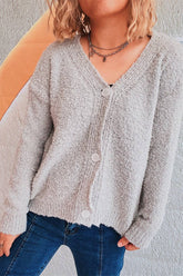 Solid Color V-Neck Seersucker Knit Cardigan