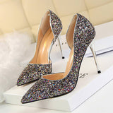 Women Pointy Side Hollowed Sequined High Heels