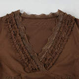 Vintage Wood Ear Trim V-Neck Long Sleeve T-Shirt