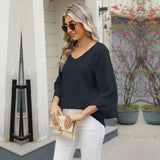 V-Neck Diamond Check Hollow-Out Jacquard T-Shirt