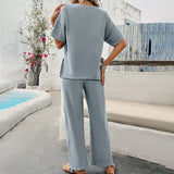 Solid Color Knit Short Sleeve Top And Pants Suit_Cwstb0513