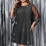 PLUS SIZE SEQUIN DRESS ROUND NECK LOOSE WAIST_CWDMD5975
