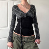 V-Neck Bow Lace-Up Plaid Color Patchwork T-Shirt