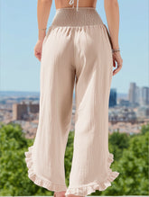 Smocked Waist Ruffled Wide-Leg Pants ??Casual High-Rise Flowy Trousers