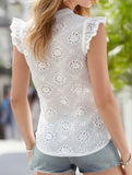 V-Neck Lace Jacquard Flutter Sleeve Blouse ??Elegant Top