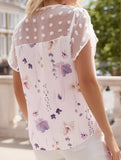 V-Neck Printed Lace Patchwork Short-Sleeved Top ??Elegant & Feminine Everyday Wear