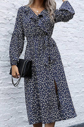 V Neck Long Sleeved Floral Dress_Cwdsd2278