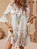 V-Neck Lace Patchwork Complete With Printed Dress