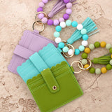 SOLID COLOR PU WALLET WITH BEAD BRACELET KEYCHAIN_CWAB4959