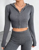 Zipper Hooded Top,Low-Waisted Flared Pants Set