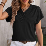 Womens V Neck Pullover Jacquard Short Sleeved Top_Cwtts0897