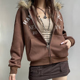 Vintage Digital Print Zipper Loose Hoodie Coat