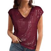 Solid Color Top Rotator Cuff Sequined V-Neck
