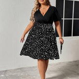 PLUS SIZE V NECK TIE WAIST RUCHED PATCHWORK DRESS_CWDMD5978