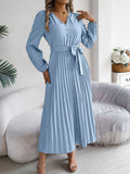 V-Neck Button-Up Long Pleated Dress